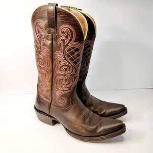 Ariat Cowgirl, Brown Leather, Pointed Toe, Mid Calf Western Boots Sz 7.5